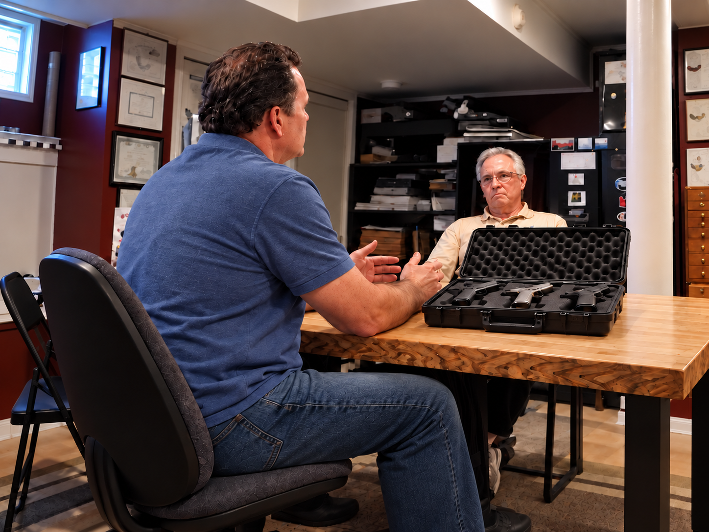 Mel Katz seated with a visitor during a private handgun consultation